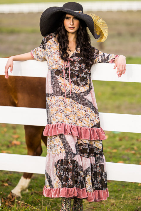 Ophelia Velvet Ruffle Maxi Dress in Hana Heather