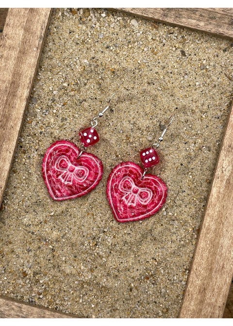 Dice Heart Earrings with Bow Imprint