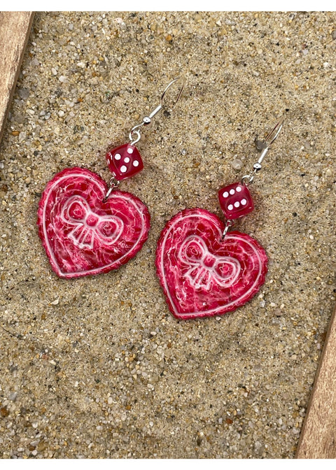 Dice Heart Earrings with Bow Imprint