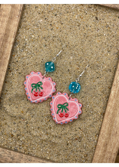 Dice Heart Earrings with Cherry Imprint