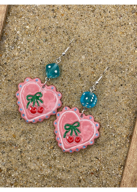 Dice Heart Earrings with Cherry Imprint
