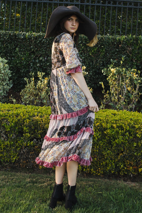 Ophelia Velvet Ruffle Maxi Dress in Hana Heather