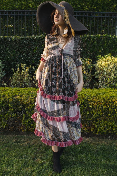 Ophelia Velvet Ruffle Maxi Dress in Hana Heather