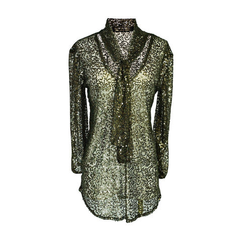 Anjelica Tie Front Blouse in Olive Haze Sequin
