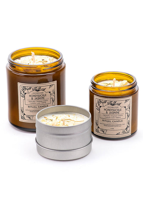 Honeysuckle Jasmine Ritual Candle with Quartz and Herbs