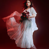 Lydia Wrap Dress in White and Silver Sequin Spiderwebs