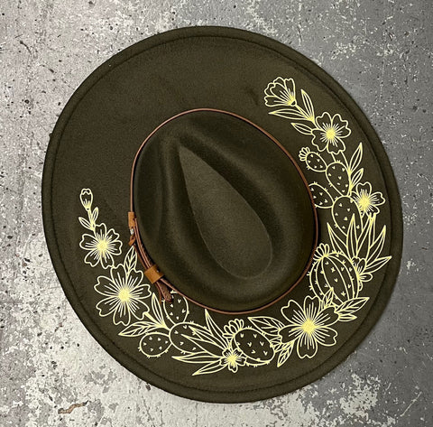 Vegan Felt Hat - XL Brim - Floral Cacti
