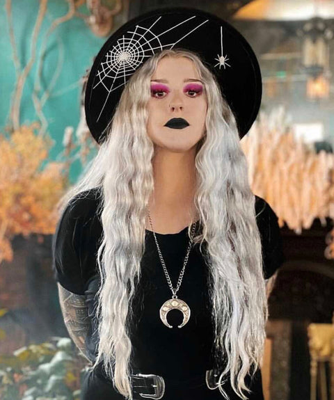 Vegan Felt Hat - XL Brim - Hanging Spider Web