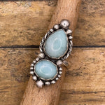 Silver ring with two light blue gemstones on a wooden stick