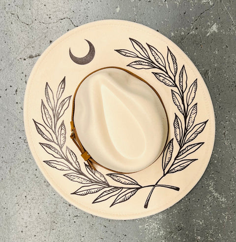 Vegan Felt Hat - XL Brim - Cream - Large Fern & Moon Crown