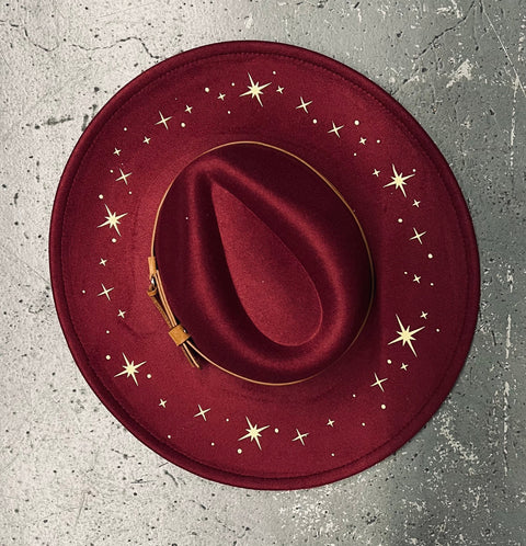 Vegan Felt Hat - XL Brim - Wine Red - Starry Night
