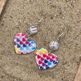 Love - Rainbow Heart Print with Dice Earrings: Handmade, Hand-Painted Polymer Clay