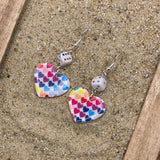 Love - Rainbow Heart Print with Dice Earrings: Handmade, Hand-Painted Polymer Clay