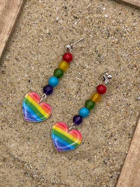 Love - Rainbow Heart with Bead Detail Earrings: Handmade, Hand-Painted Polymer Clay