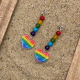 Love - Rainbow Heart with Bead Detail Earrings: Handmade, Hand-Painted Polymer Clay