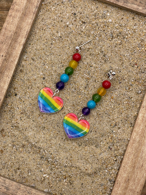 Love - Rainbow Heart with Bead Detail Earrings: Handmade, Hand-Painted Polymer Clay