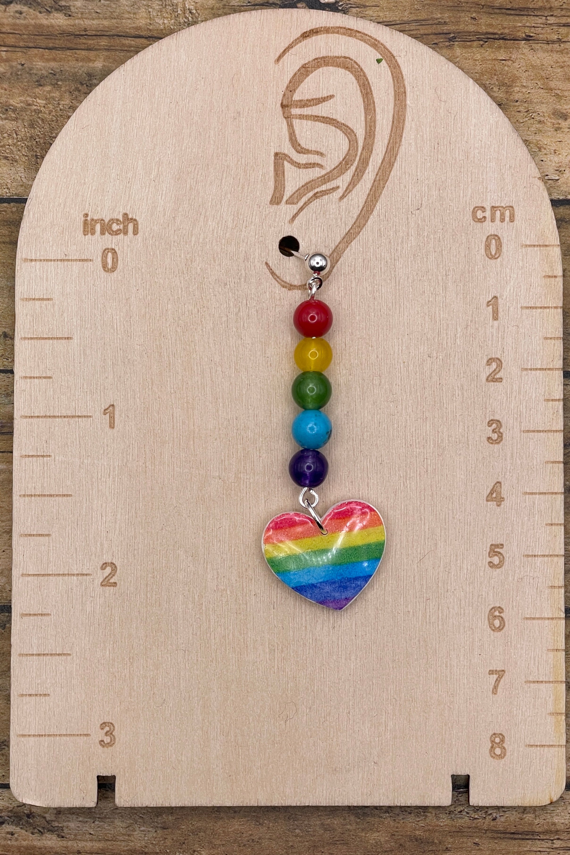 Love - Rainbow Heart with Bead Detail Earrings: Handmade, Hand-Painted Polymer Clay