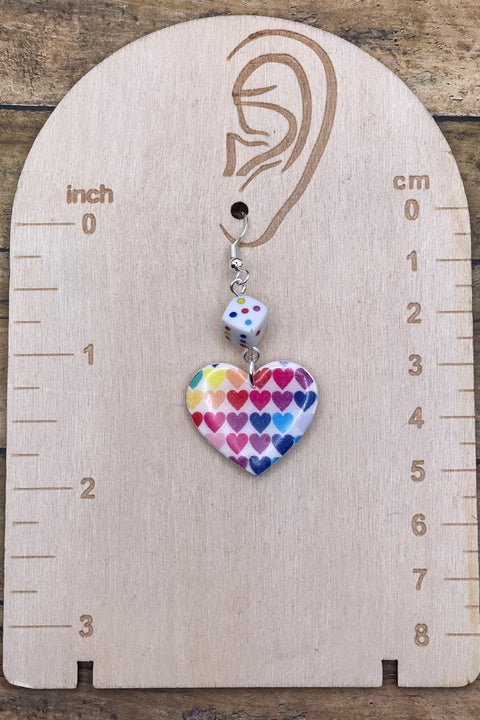 Love - Rainbow Heart Print with Dice Earrings: Handmade, Hand-Painted Polymer Clay