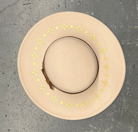 Vegan Felt Wide Brim Hat - Flat Top - Cream - Starburst