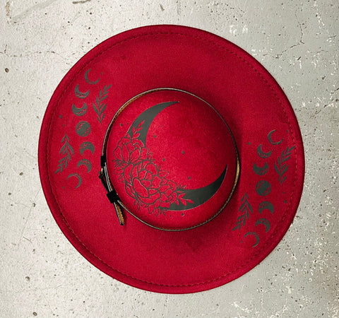 Vegan Felt Wide Brim Hat - Flat Top - Wine Red - Floral Moon