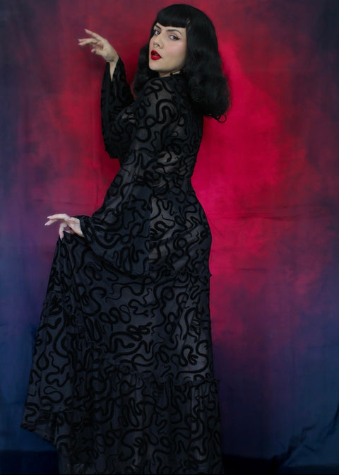 Sloane - Velvet Flocked Snake Maxi Dress with Bell Sleeves