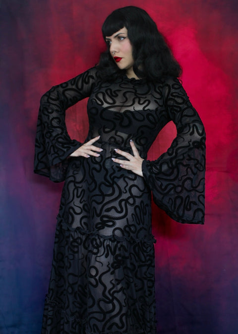 Sloane - Velvet Flocked Snake Maxi Dress with Bell Sleeves