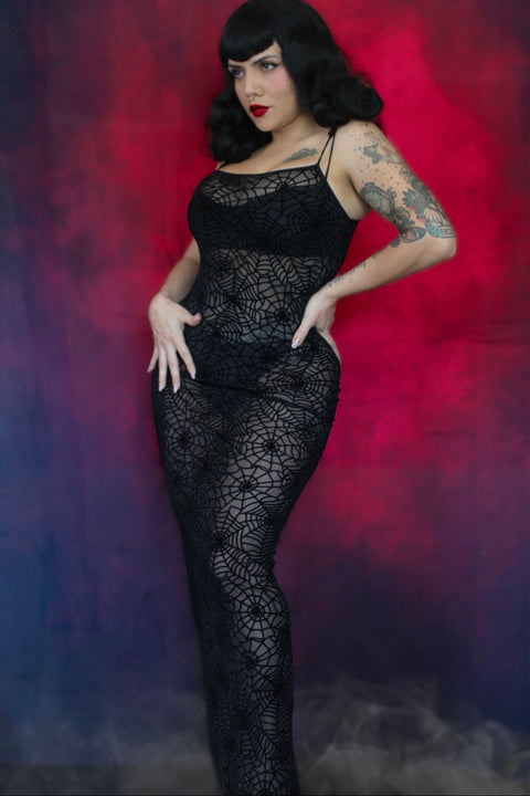Sheer Hourglass Maxi Dress - Velvet Flocked Spider Webs