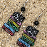 Cat Lover - Kitty Sleeping on Stack of Books Earrings: Handmade, Polymer Clay