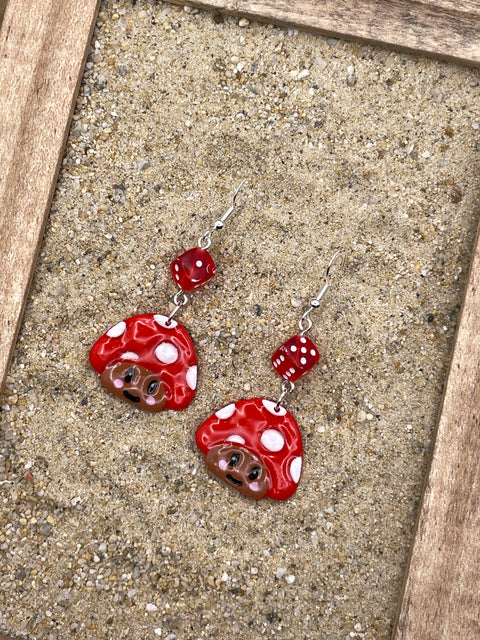 Magical Forest - Red Smiley Mushroom Earrings: Handmade, Hand-Painted Polymer Clay