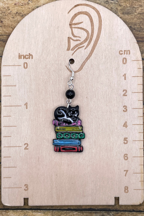 Cat Lover - Kitty Sleeping on Stack of Books Earrings: Handmade, Polymer Clay