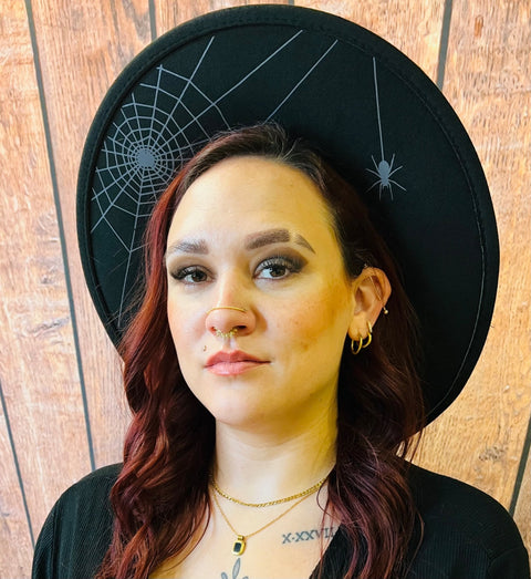 Vegan Felt Hat - XL Brim - Hanging Spider Web