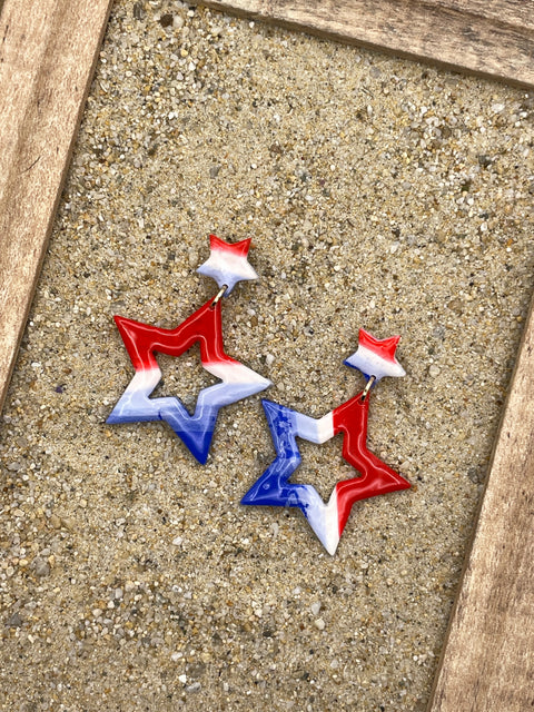 USA - Red White Blue Star Dangle Earrings: Handmade, Hand-Painted Polymer Clay
