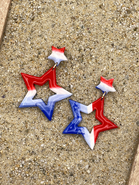 USA - Red White Blue Star Dangle Earrings: Handmade, Hand-Painted Polymer Clay