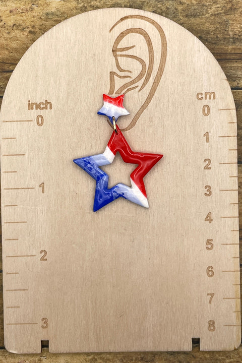 USA - Red White Blue Star Dangle Earrings: Handmade, Hand-Painted Polymer Clay