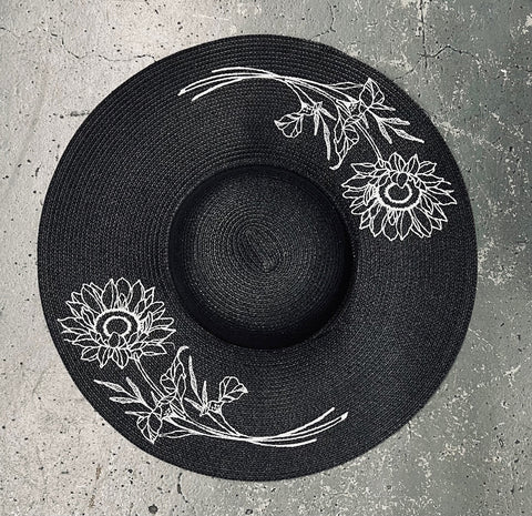 Embroidered Floppy Sun Hat - XL Brim - Sunflowers