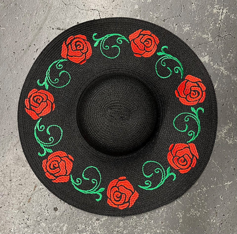 Embroidered Floppy Sun Hat - XL Brim - Rose Crown