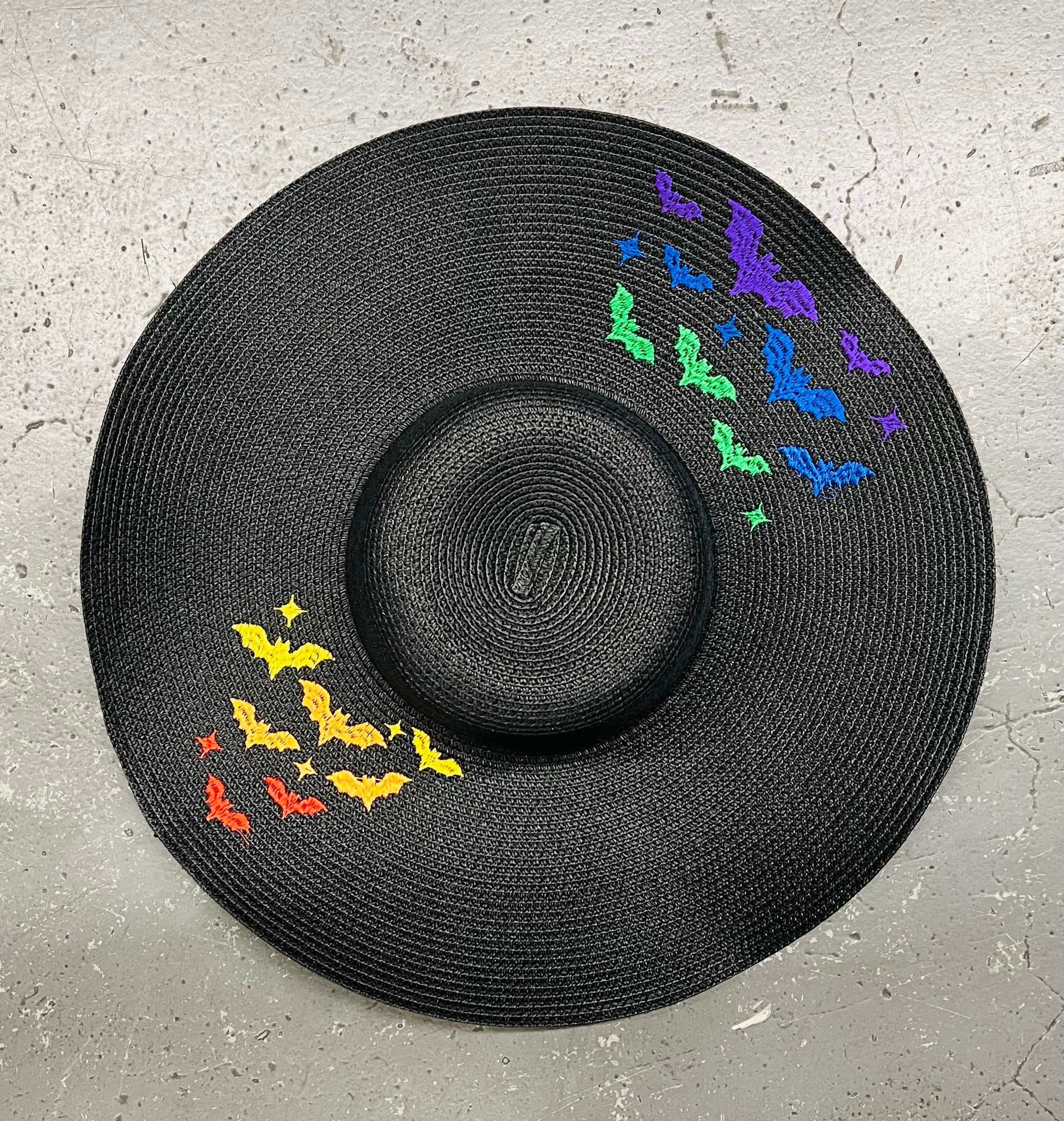Embroidered Floppy Sun Hat - XL Brim - Rainbow Bats