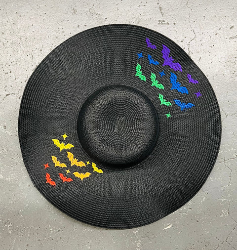Embroidered Floppy Sun Hat - XL Brim - Rainbow Bats