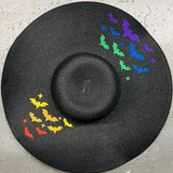 Embroidered Floppy Sun Hat - XL Brim - Rainbow Bats