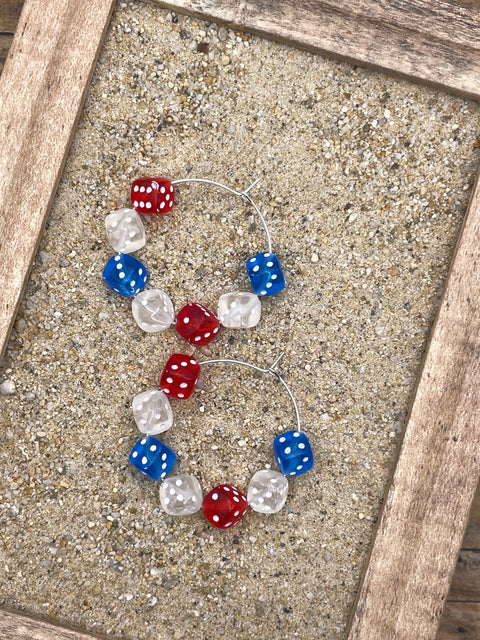 USA - Red White Blue Dice Hoop Earrings: Handmade