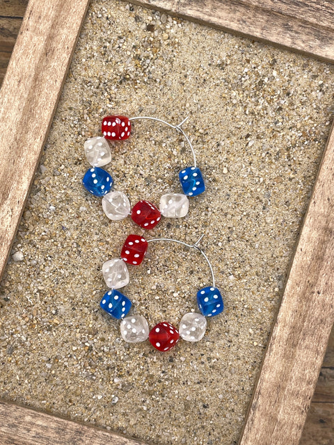 USA - Red White Blue Dice Hoop Earrings: Handmade