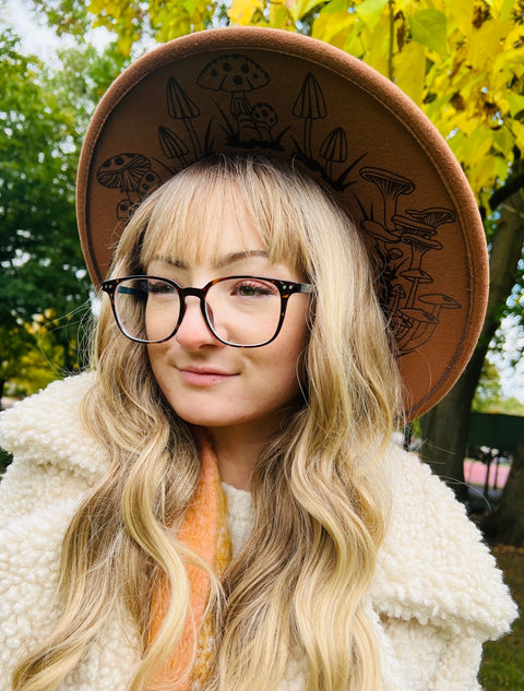 Vegan Felt Wide Brim Hat - XL Brim - Caramel - Mushrooms