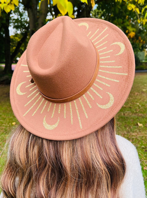 Vegan Felt Wide Brim Hat - XL Brim - Caramel - Gold Moonburst