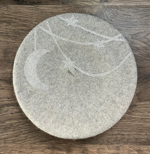 Vegan Felt Beret - Silver - Hanging Moon and Stars