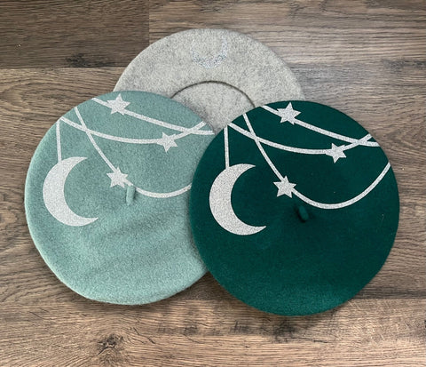 Vegan Felt Beret - Silver - Hanging Moon and Stars
