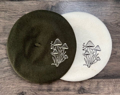 Vegan Felt Beret - Olive or Cream - Mushrooms