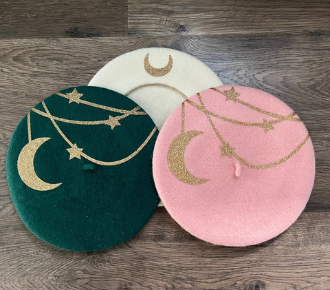 Vegan Felt Beret - Gold - Hanging Moon and Stars