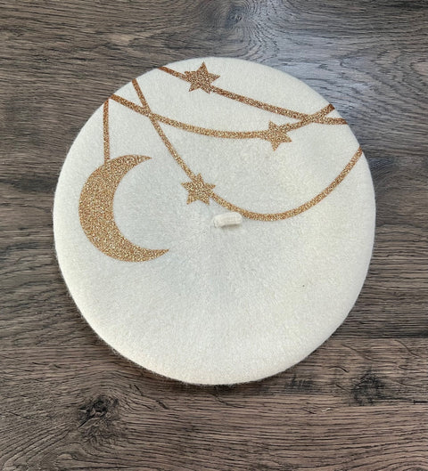 Vegan Felt Beret - Gold - Hanging Moon and Stars