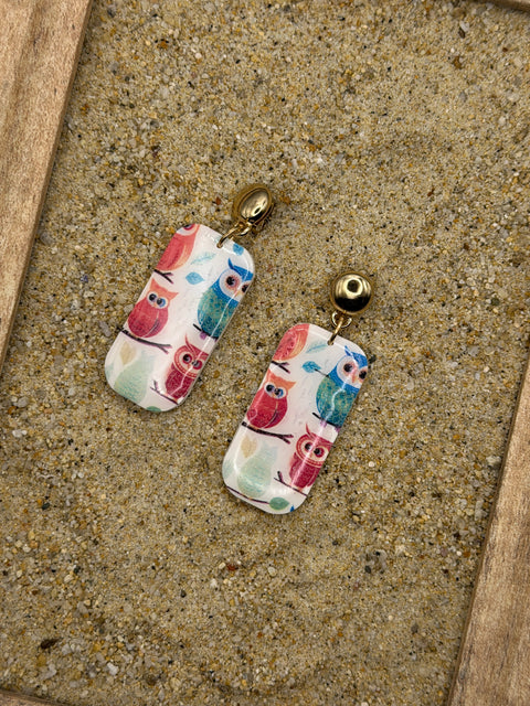 Magical Forest - Owl Print Dangle Earrings: Handmade, Polymer Clay