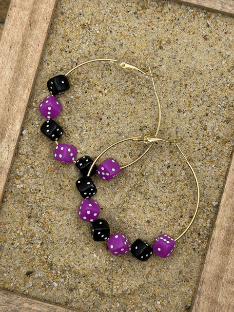 Salem - Purple and Black Dice Large Gold Hoop Earrings